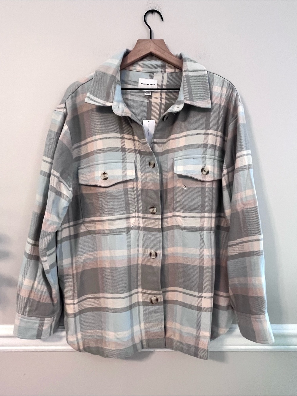 American Eagle Outfitters Women’s Plaid Button-Front Shacket Size L Gray Blue